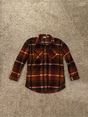 Maurices Plaid Button-Down Shirt Jacket in Brown, Black and Pink